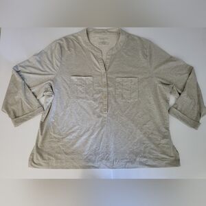 Talbots womens 3/4 long sleeve silver grey v neck no collar button down blouse